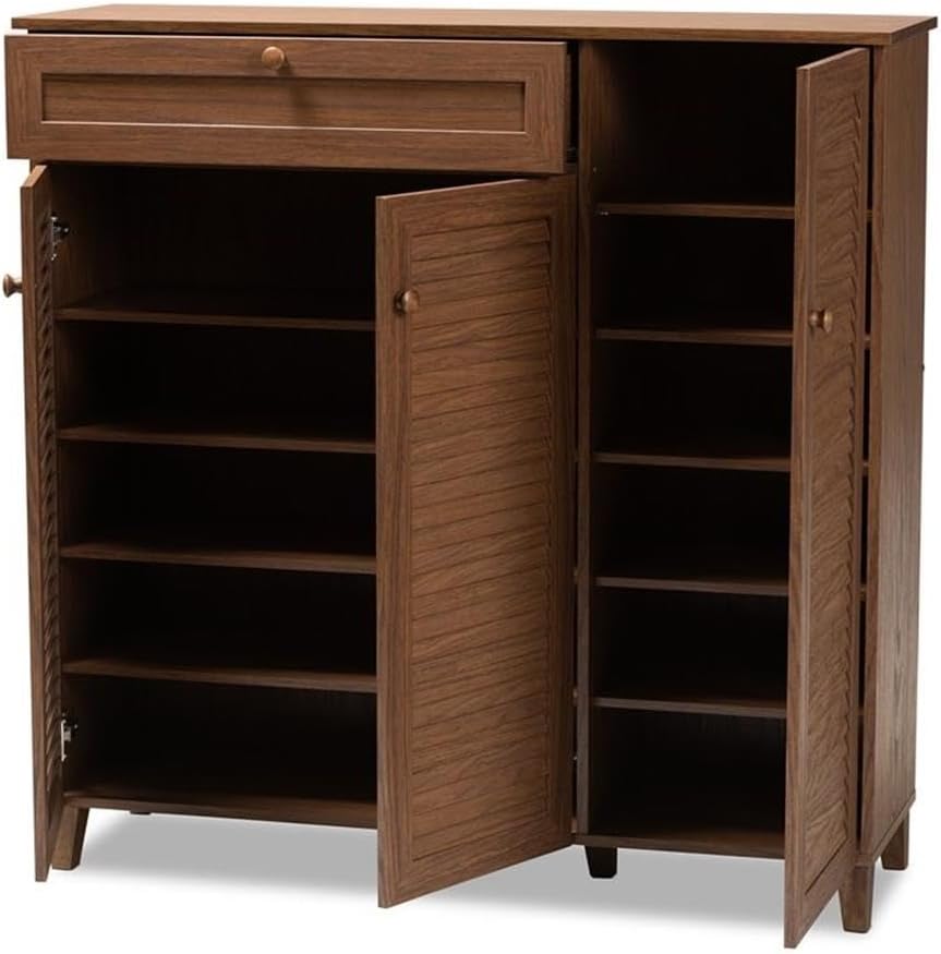 Baxton Studio Coolidge Wood 11-Shelf and Drawer Shoe Cabinet in Walnut Brown
