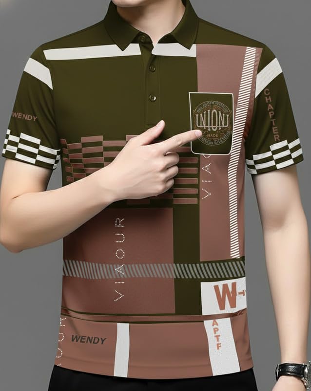 Image of AUSK Men Printed Polo Neck Cotton Blend T-Shirt (Regular Fit, Half Sleeve) || Tshirts for Mens