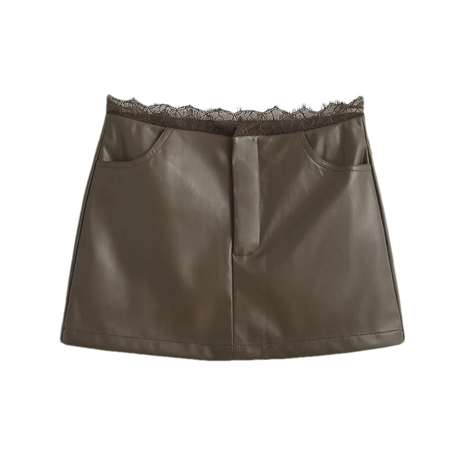 Minifaldas con Ribete de Encaje de Piel sintética Negra para Mujer Falda de Cuero Dividida de Talle bajo marrón con Pantalones Cortos,Marrón-Pequeño