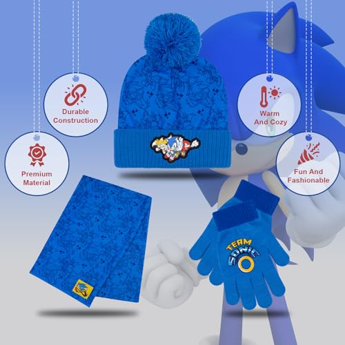 Image of Sonic The Hedgehog Winter Hat and Gloves Set - Blue Sonic Hat for Boys Ages 5-13 - Winter Hat with Scarf and Glove Set