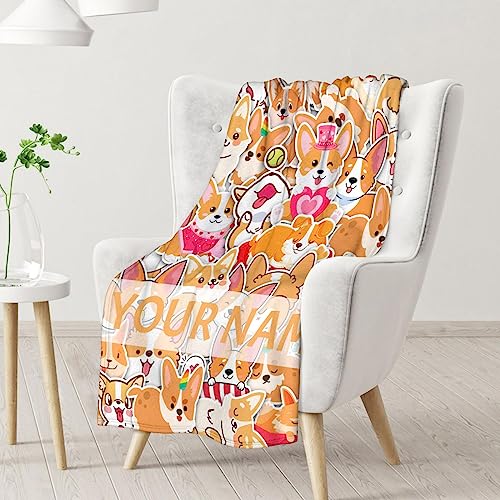 Personalized Corgi Blanket Gifts with Name - 30"x40" Cute Throw for Adults, Kids - Colorful Soft Fuzzy Blankets for Couch & Office