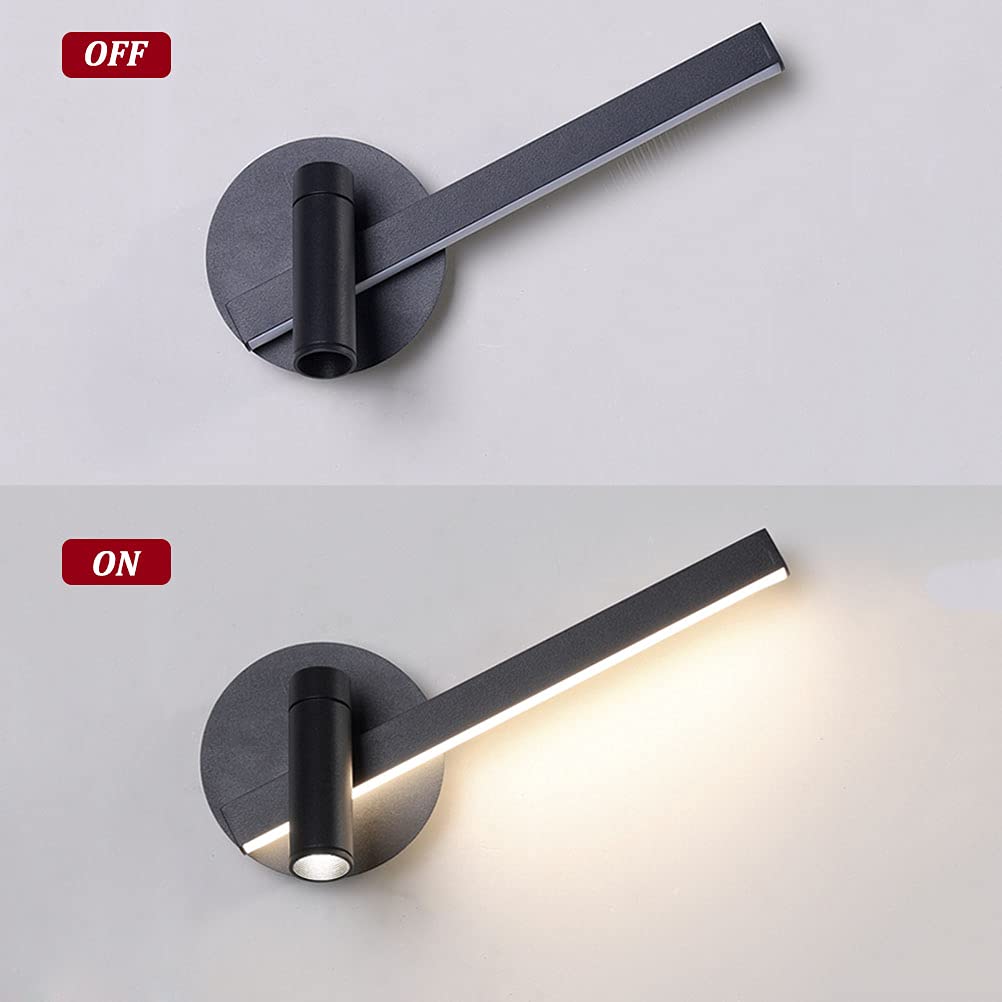 Kinkiet Kryty Czarny Regulowany kinkiet LED 6W z obrotową lampą ścienną do czytania Łóżko 3W LED Spot Lampka nocna Kinkiet do salonu Sypialnia Biuro, ciepła biel 4500K,Right