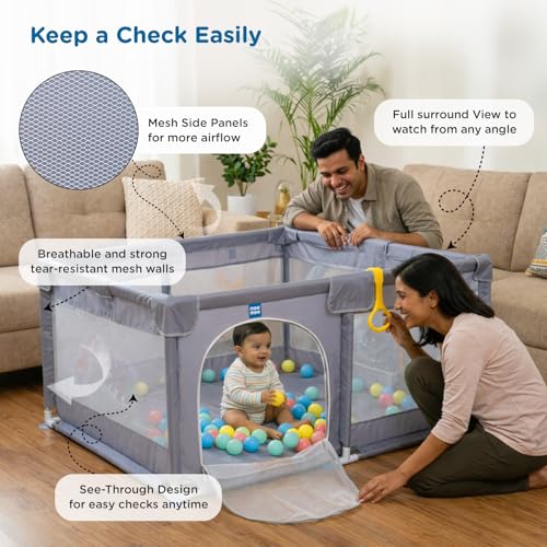 Image of Mee Mee Fun Zone Mini Portable Baby Playpen with Breathable Mesh Walls | 120x120 cm Baby Play Yard with Soft Fabric Padding, Rounded Edges & Tool-Free Assembly | Ball Pit Ready with 50 Balls (1+ Years)