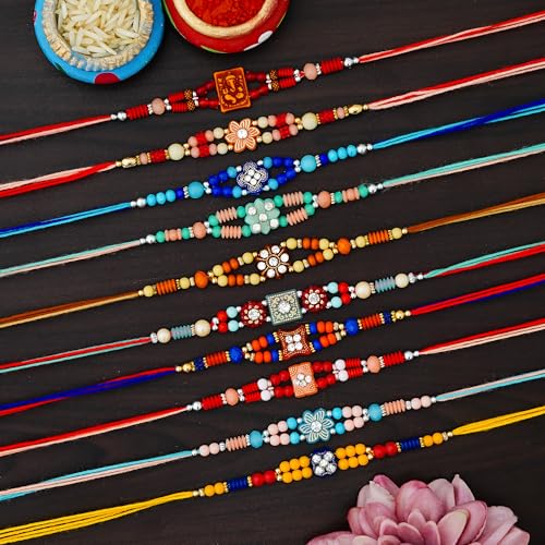 Image of Multicolor Combo of 10 Rakhi Set for Men With Roli Chawal Best Wishes Greeting Card Rakhi for Brother