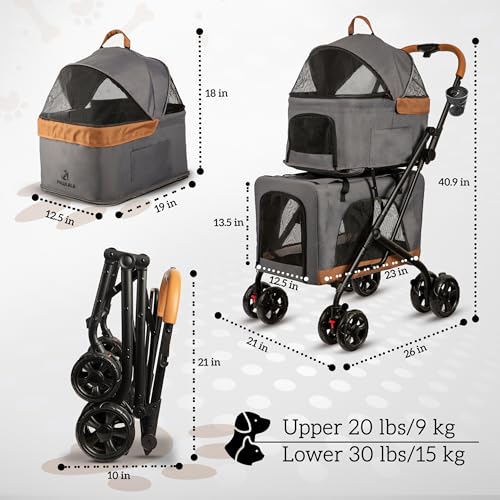 Image of Double Pet Stroller with Detachable Carriers - Ideal for 2 Dogs or Cats - Compact & Convenient Design - Easy Assembly Double Dog Stroller - Graphite Gray