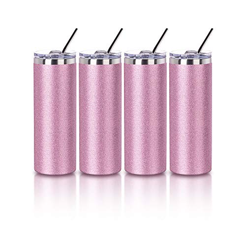 PYD Life Sublimation Blank Glitter Skinny Tumbler Pink 20 OZ Straight Stainless Steel Coffee Cups with Lid and Metal Straw for Tumbler Heat Press Sublimation Oven Printing 4 Pack