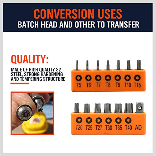 HORUSDY 14-Piece Tamper Resistant Star Bits, S2 Alloy Steel, T5 - T40 Security Torx Bit Set.