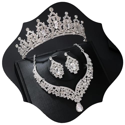 Geurlev Tiaras and Crowns for Women Tiaras Earrings Necklace Crystal Bridal Jewelry Set (Silver white)
