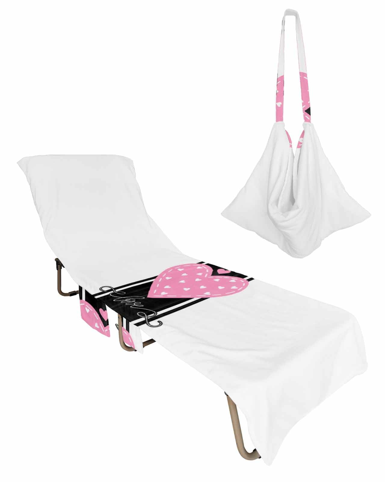 Pink Valentine's Love Beach Chair Towel Covers for Chaise Lounge with Side Pocket, Soft Plush Pool Towels Cover for Patio Sunbathing Outdoor 29''x85'' Black Geometric Stripe Simple