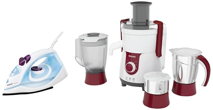 Philips GC1905 1440-Watt Steam Iron with Spray (Blue) & Philips Viva HL7715 700-Watt Juicer Mixer Grinder with 3 Jars (Pistil Red/White)
