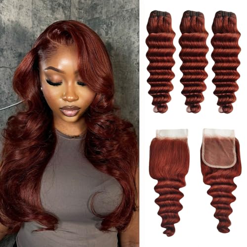 Loose Deep Wave Bundles Human Hair with Closure, 12a Reddish