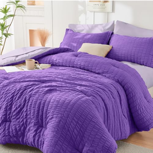 Image of HYMOKEGE Dark Purple /Lavender Full Size Comforter Sets Seersucker 7 Pieces, All Season Luxury Bed in a Bag for Bedroom, Bedding Set with Comforter, Sheets, Pillowcases & Shams