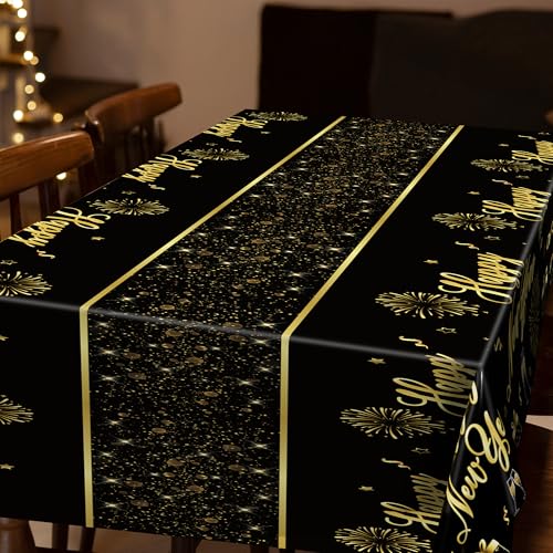 Image of 3 Pack New Years Eve Tablecloth, 108 x 54 Inches Disposable Plastic NYE Table Cover 2026, Rectangle New Years Tablecloth with Black Gold Firework Design, Waterproof Table Cover for Nye Party Supplies