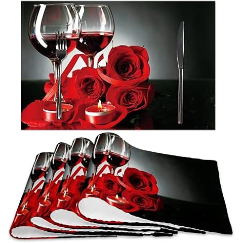 Red Wine Rose Candle Placemats Set of 4,Red and Black Table Place Mats Waterproof Burlap Washable Dining Placemats for Home Kitchen Decorations (Red Wine, 12" Wx18 L) Cover