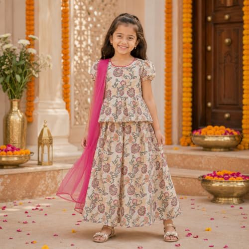 Image of The Magic Wand Foil Printed Lehenga Choli With Dupatta Set For Kids Girls, Chanderi Cap Sleeves Lace Readymade Top & Lehenga Ethnic Traditional Outfit For Festivals & Wedding, Offwhite, 3-4 Year