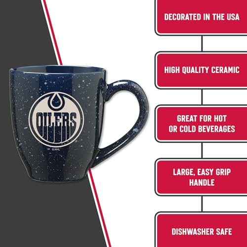 Image of Rico Industries NHL Hockey Edmonton Oilers Navy Personalized 16 oz Team Color Laser Engraved Speckled Ceramic Coffee Mug
