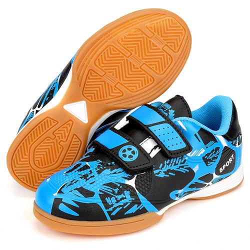 Linkidea Kids Laceless Indoor Soccer Shoes, Rubber Outsole Anti-Slip Sneaker, Futsal Training Cleats for Boys and Girls (Blue)