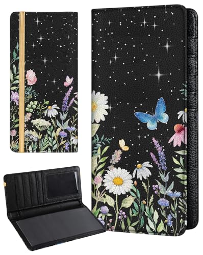 Image of Slohif Checkbook Cover for Personal Duplicate Checks - Women Check Cover Book Wallet Holder Black Star Flower Faux Leather Top Side Tear