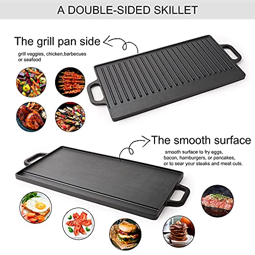 Max K 2-In-1 Cast Iron Grill & Griddle - Pre-Seasoned Reversible Grilling Plate - Oven, Campfire, Double Burner Stove Top Skillet - With Handles, Grease Reservoir - 20"X9" Inch #TOP3