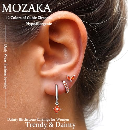 Mozaka 001 3 Pairs Dainty Gold Birthstone Earrings Set For Multiple Piercing 14K Gold Plated Hypoallergenic Cartilage Small Hoop Stud Earrings Set For Women Birthday Gifts thumb #2