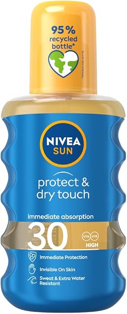 NIVEA SUN Protect & Dry Touch Sun Spray (200 ml), Water-Resistant SPF 30 Sun Cream, Immediate Protection and Non-Greasy, Transparent/No White Marks