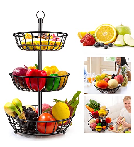 Fruit Basket for Kitchen Counter Detachable 3 Tier Fruit Bowl for Kitchen Counter - Keep Fruit and Veg Airness, Large Capcity Black Metal Fruit Holder