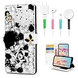STENES Bling Wallet Phone Case Compatible with Samsung Galaxy Z Fold 7 5G Case - Stylish - 3D Handmade Camellia Flowers Crown Bowknot Leather Cover with Cable Protector [4 Pack] - BlackandWhite