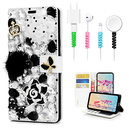 STENES Bling Wallet Phone Case Compatible with Samsung Galaxy Z Fold 7 5G Case - Stylish - 3D Handmade Camellia Flowers Crown Bowknot Leather Cover with Cable Protector [4 Pack] - BlackandWhite