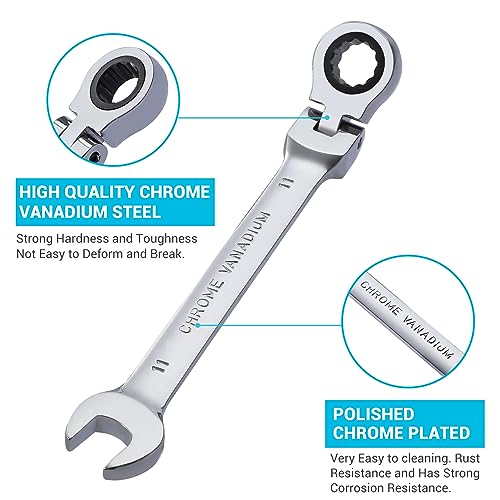 Image of B4B BANG 4 BUCK 11mm Ratcheting Combination Wrench Metric, Flex Head Ratcheting Wrench Spanner with 12-Point Design, 72-Tooth Ratchet, Chrome Vanadium Steel