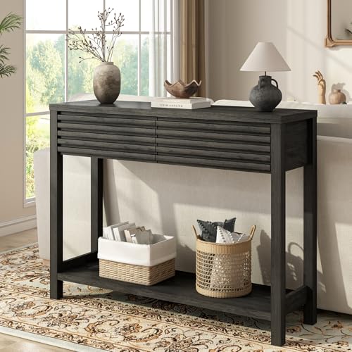 BREEZEHEAT 40" Fluted Console Table with 2 Drawers, Modern Wood 2 Tier Entryway Table with Storage Shelf, Narrow Sofa Table Behind Couch Accent Table for Entrance Foyer, Hallway, Living Room