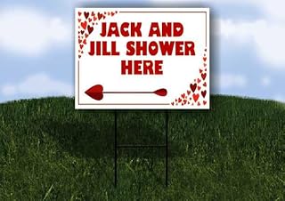 Jack And Jill Shower Here Red Frame With Hearts Left Arrow Single Sided 18x24 in. Yard Road Sign w/Stand
