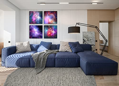 Outspace Nebula Canvas Wall Art/ Blue Galaxy Decor Framed Print Poster Pictuers/ Set Of 4 Red Purple Cosmic Silver Artwork 12X12 Inches Paintings For People Living Room Bedroom Bathroom Decoration #TOP3