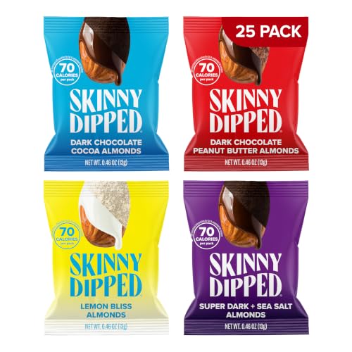 Image of SkinnyDipped Snack Attack Minis Almond Variety Pack, 0.46oz Bags | 25 Pack | Crunchy Whole Almonds Thinly Dipped in Chocolate | Gluten Free | Plant Protein Snack Packs