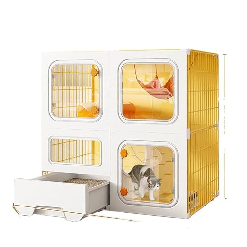 Tufduzoキャットケージ ヴィラ トイレ付き オールインワン 家庭用 室内 大スペース 特大 二段式 猫トイレ付き 脱出防止 頑丈 オールインワン 防臭 飛散防止 キャットケージ 猫用キャビネット (70*35*70cm,イエロー)