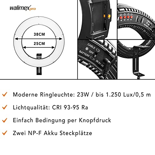 Walimex pro dimmbares LED Ringlicht 23W I Ringleuchte mit einzeln schaltbaren Sektoren I 380 Bi Color Kameralicht… – Bild 3