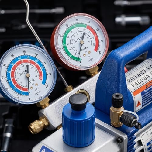 Kit de bomba de vacío de una etapa de 4 CFM con manómetro para R134a y detector de fugas, kit de herramientas HVAC para refrigeración AC certificado ETL, color azul miniatura 3