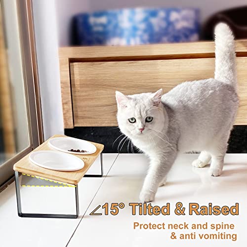 Sunhoo Ceramic Elevated Cat Bowls Raised Puppy Dishes for Food and Water Tilted Wooden Stand for Indoor Cats 5.5 inch Wide Double Dish Orthopedic Reduces Vomiting (Wood Color) by Sunhoo - Image 4
