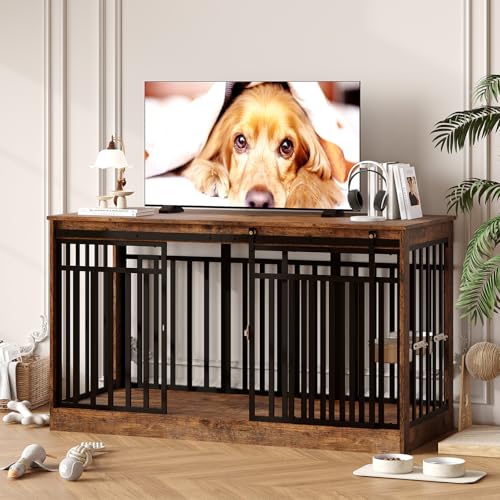 55 Large Dog Crate Furniture TV Stand - Heavy Duty Metal & Wood Dog Cage Table Kennel with Sliding Door and Food Bowl for Extra Large or Medium Dogs Indoor Living Room Rustic Brown