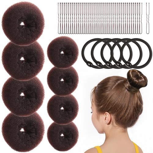 FANDAMEI Hair Bun Maker for Kids 4PCS Donut Bun Maker Small with 4PCS Extra Small Hair Buns Kit. Ballet Hair Bun Maker for Kids Hair Bun Set with Elastic Hair Ties Hair Pins.(Brown)