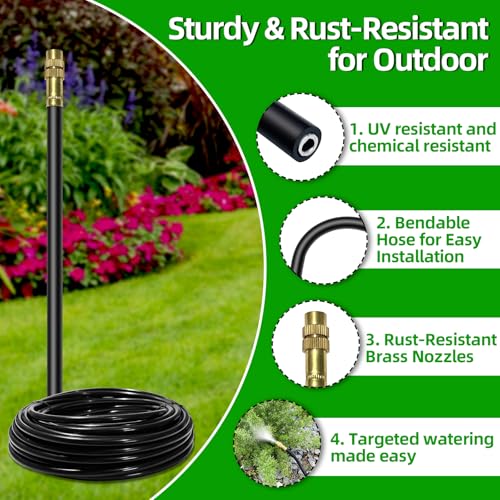Image of 100 Ft Drip Irrigation System for Garden - Drip Irrigation Kit with 32 360Adjustable Copper Nozzles Hose, Automatic Atomizing Plant Watering Sprinkler System for Yard, Lawn, Greenhouse, Potted