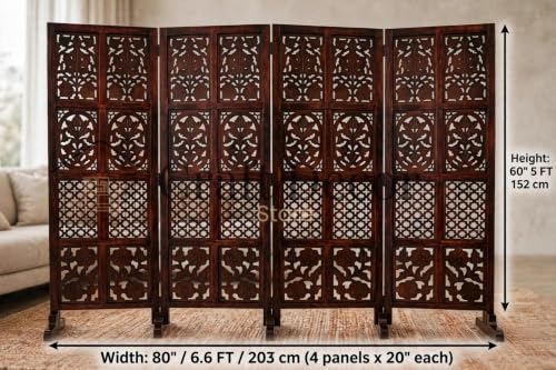 Image of Wooden Room Partition Screen Divider with Stand for Living Room and Bedroom (Brown) | Folding Sheesham Wood Room Separator Wall for Office and Salon