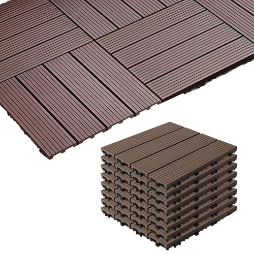 Baldosas de Exterior Madera Composite para Terraza y Jardín Patio Balcón Piscina Antideslizante y con Drenaje Suelo de Rejilla Fácil de Instalar 30x30 cm (10)