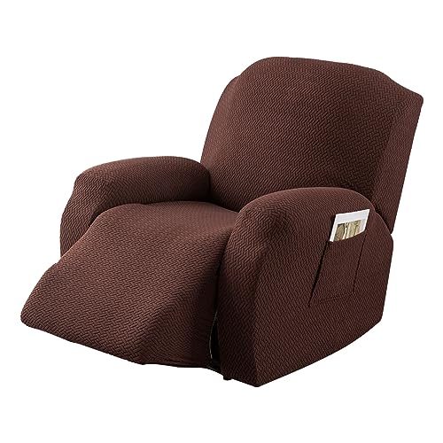 Image of Genina Recliner Chair Covers, Stretch Reclining Chair Cover, Recliner Sofa Slipcovers Stripe Jacquard Lazy Couch Covers Furniture Protector Covers for Pet Kid (Chocolate, 1 Seat)
