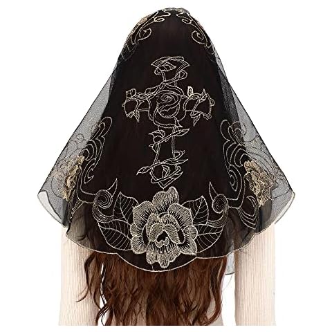 Bozidol Church Mantilla Catholic Veil: Traditional Black Gold Rose Cross Embroidered Lace Chapel Veils Catholic Mass Head Coverings Cover