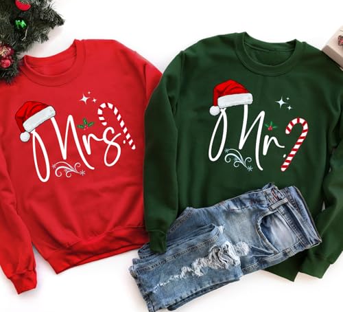 Personalized Handmade Christmas Mr & Mrs Sweatshirts – Matching Holiday Sweaters for Couples, Winter Wedding Gift, Husband & Wife Xmas Shirts Red