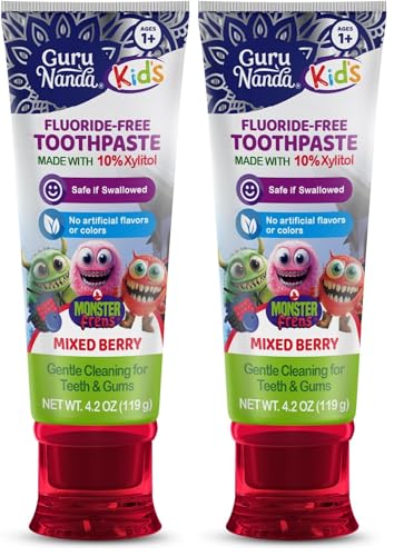 Image of GuruNanda Kids Toothpaste for Toddlers with 10% Xylitol - Fluoride-Free, Mixed Berry Flavor, Safe if Swallowed, Gentle & Safe for Young Teeth & Gums, 4.2 oz (Pack of 2)