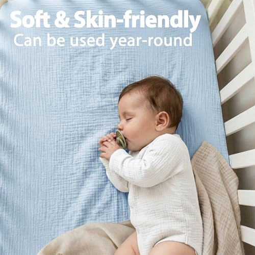 Image of Muslin Mini Crib Sheet (38 inchx24 inch), 100% Cotton Cover, Breathable & Soft Mattress Pad, Boho Blue for Boys(1 Pack)