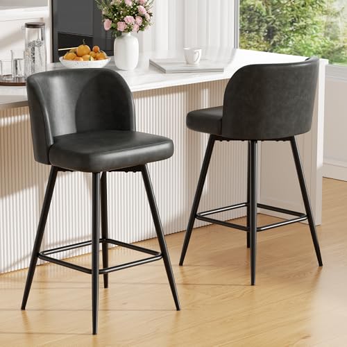 Image of Swivel Bar Stools Set of 5, 26 inch Counter Height Bar Stools with High Back and Metal Legs, Faux Leather Bar Chairs, Modern Barstools for Kitchen Island, Dark Grey