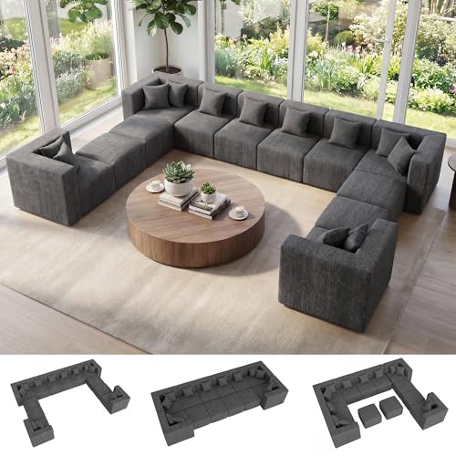 Image of MONVANE Oversized Boneless Sectional Couches for Living Room, 12-Seat Cloud Couch, Modular Sofa with Ottoman & 12 Throw Pillows, Comfy Chenille, No Assembly Required, Gray