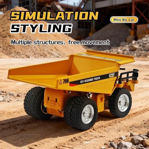 Image of RC Dumper Truck Toy for Kids, 1:64 Die-Cast Metal Construction Truck with Remote Control, LED Lights, Lifting Dump Bed, Rubber Tyres, Engineering Vehicle Toy Gift for Boys & Girls Age 3+